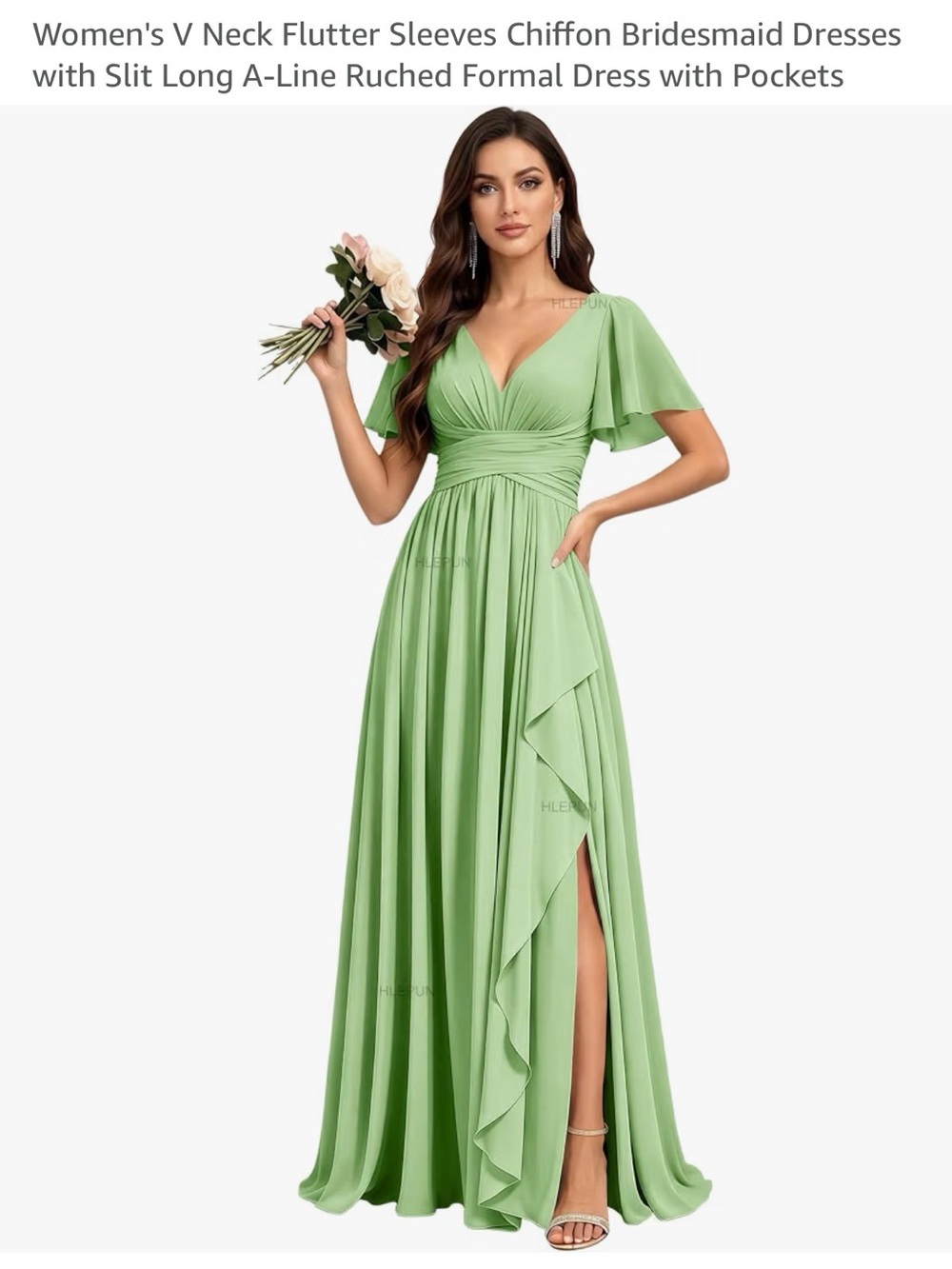 Source Unknown Light Green V-Neck Flutter Sleeve Chiffon Maxi Dress
